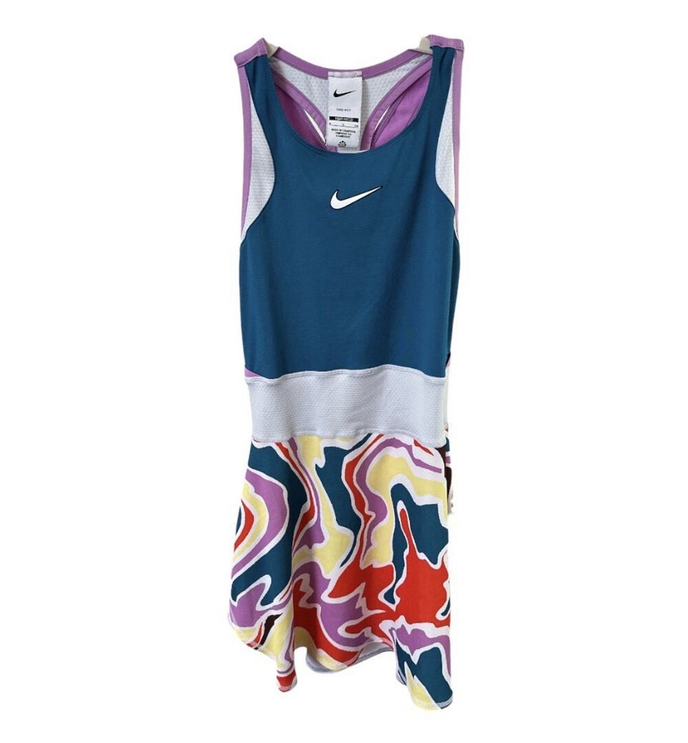 Nike Court Dri-FIT Slam Tennis Dress Teal Multi Color Abstract Print Small